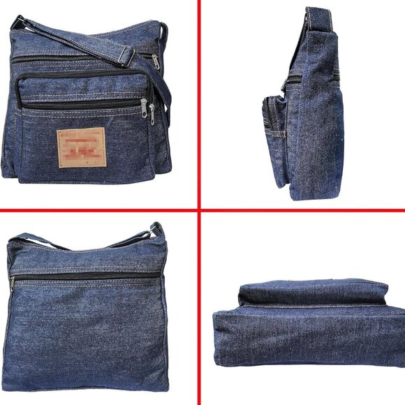 Denim Crossbody Bag Unisex Zipper Pockets Casual Travel Purse - Picture 4 of 7